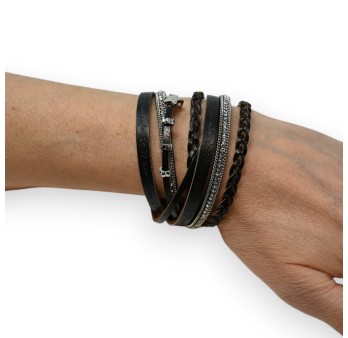 Bracelet cuir double noir tresse et strass