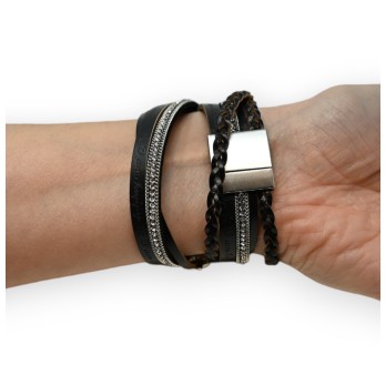 Bracelet cuir double noir tresse et strass