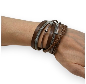 Bracelet cuir double marron tresse et strass