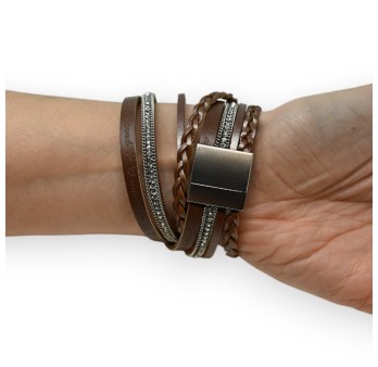 Bracelet cuir double marron tresse et strass