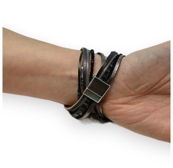 Bracelet double cuir noir détails perles scintillantes