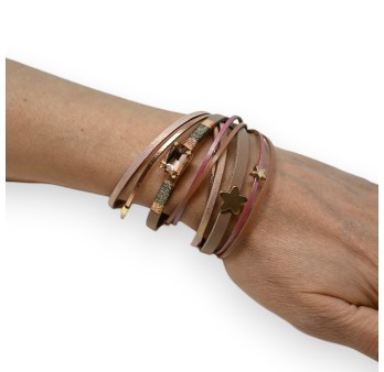 Bracelet double cuir nuances rose pierre brillante