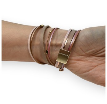 Bracelet double cuir nuances rose pierre brillante