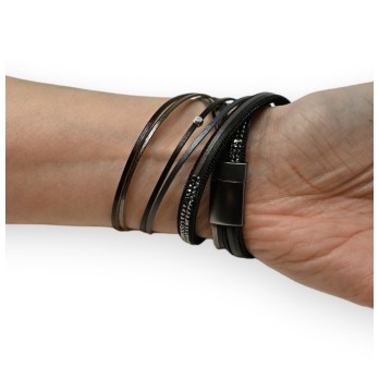 Bracelet double cuir noir charms et strass gris