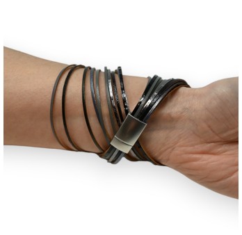 Bracelet double cuir nuances de gris et noir
