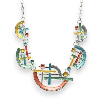 Parure collier argenté forme géométrique multicolore
