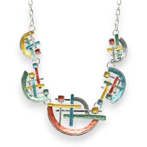 Parure collier argenté forme géométrique multicolore