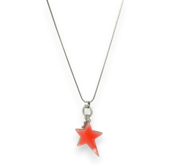 Collier Fantaisie Long Argenté Brossé Étoile corail Relief Asymétrique