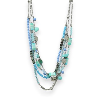 Parure collier fantaisie argenté multi rang turquoise