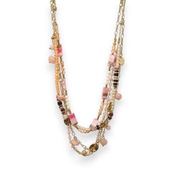 Parure collier fantaisie doré multi rang nuance rose