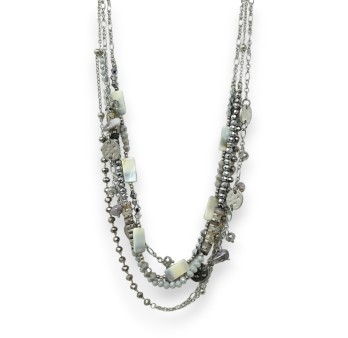 Parure collier fantaisie argenté multi rang nuance grise
