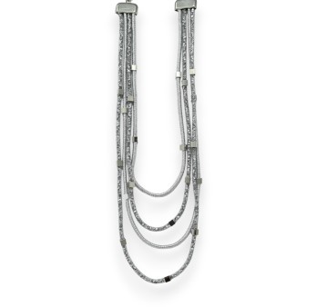 Collier fantaisie argenté multi rang tube cristaux blanc