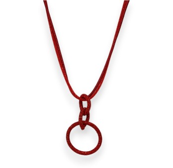 Collier fantaisie long cercle enlacés rouge strass