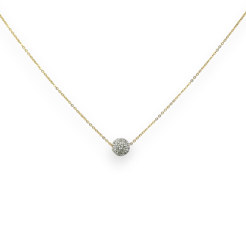 Collier acier doré petite boule strass blanche