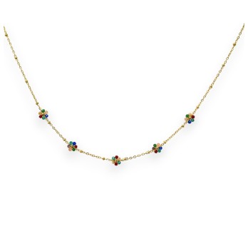 Collier acier doré fin petite fleurs multicolores