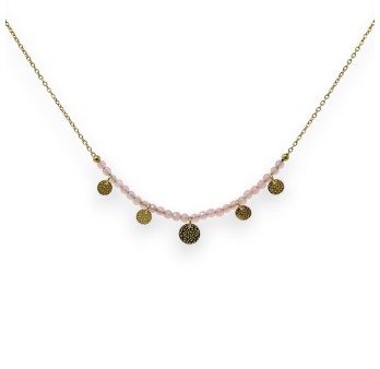 Collier acier doré pierres Quartz Rose