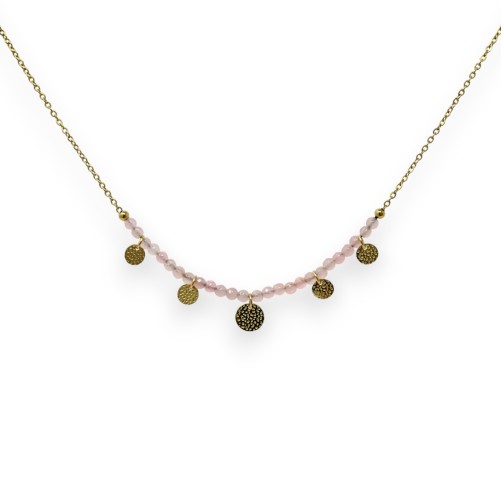 Collier acier doré pierres Quartz Rose