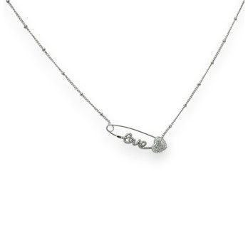 Collier acier argenté LOVE épingle coeur scintillant