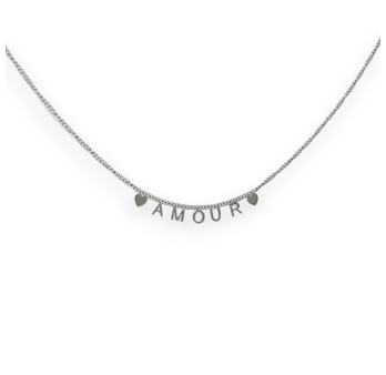 Collier acier argenté AMOUR breloques coeurs