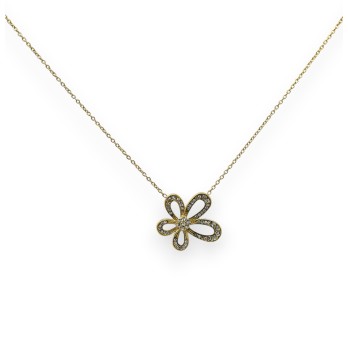 Collier acier doré fleur strass blanc scintillant