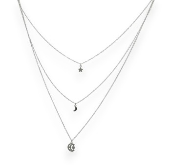 Collier acier argenté multi rangs lune et étoile