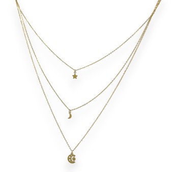Collier acier doré multi rangs étoile et lune