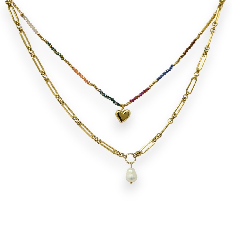 Collier acier doré multi rangs chaine et perles multicolores
