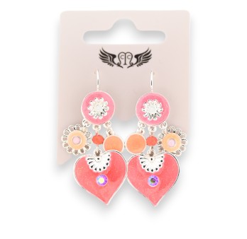 Boucles d'oreilles fantaisies argentées coeur et ses breloques corail