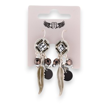 Boucles d'oreilles dormeuse noire et grise plumes