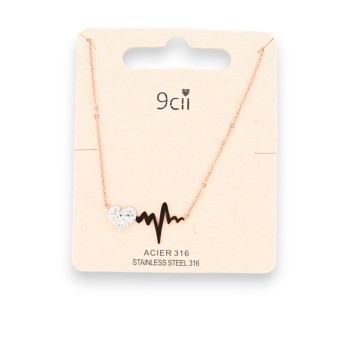 Collier acier cuivré rosé battement du coeur strass