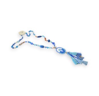 Collier sautoir nuances bleu médaillon ovale