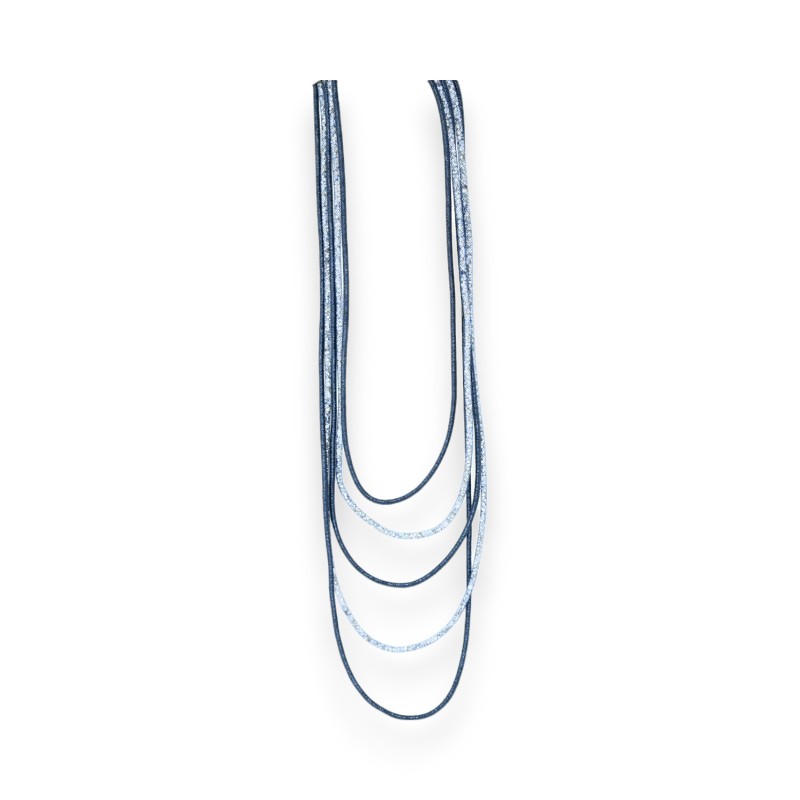 Collier fantaisie long multi rangs nuances bleu