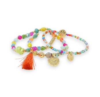 Bracelet 3 pièces perles multicolores pompon orange