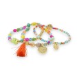 Bracelet 3 pièces perles multicolores pompon orange