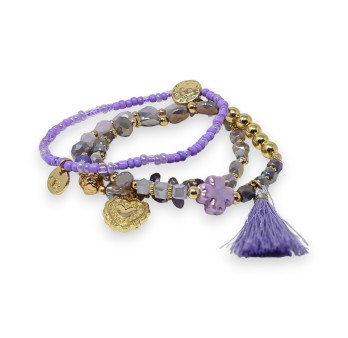 Bracelet 3 pièces perles lilas pompon assorti