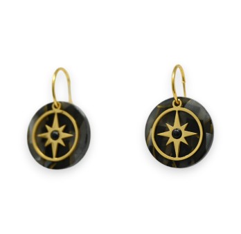 Boucles d'oreilles acier doré breloque ronde noir étoile doré