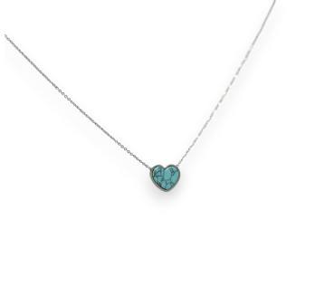 Collier acier argenté petit coeur pierre turqouise