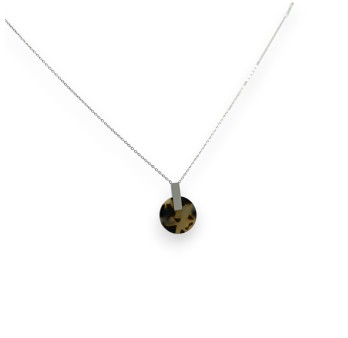 Collier acier argenté médaillon rond effet écaillé noir et beige