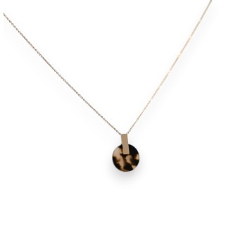 Collier acier cuivré rose médaillon rond moucheté beige et noir effet translucide