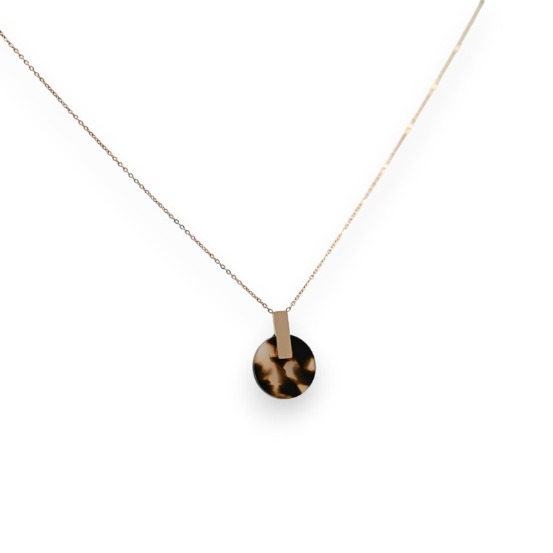 Collier acier cuivré rose médaillon rond moucheté beige et noir effet translucide