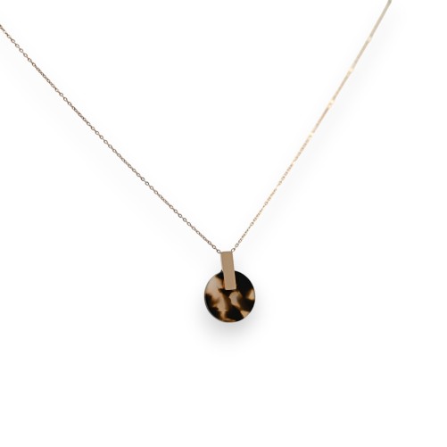 Collier acier cuivré rose médaillon rond moucheté beige et noir effet translucide