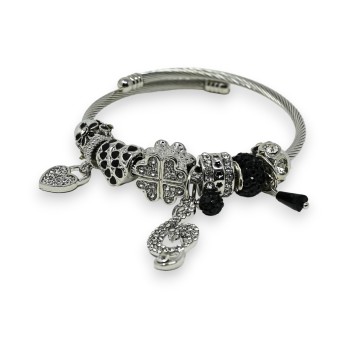 Bracelet charms rigide argenté et noir clé de sol