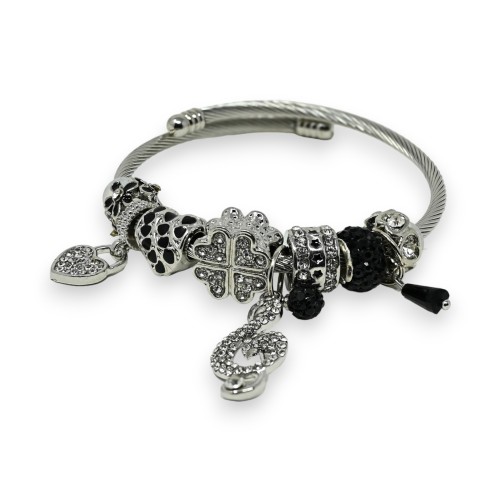 Bracelet charms rigide argenté et noir clé de sol