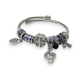 Bracelet charms rigide argenté et lilas clé de sol