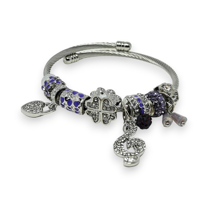 Bracelet charms rigide argenté et lilas clé de sol