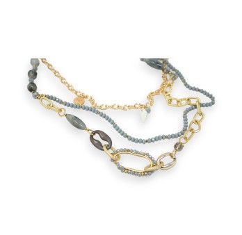 Collier sautoir fantaisie multi rangs doré et gris