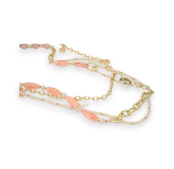 Collier sautoir fantaisie multi rangs doré et rose tendre