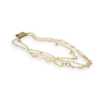 Collier sautoir fantaisie multi rangs doré et beige