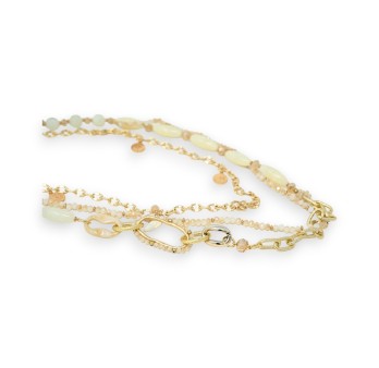 Collier sautoir fantaisie multi rangs doré et beige