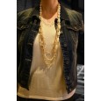 Collier sautoir fantaisie multi rangs doré et beige